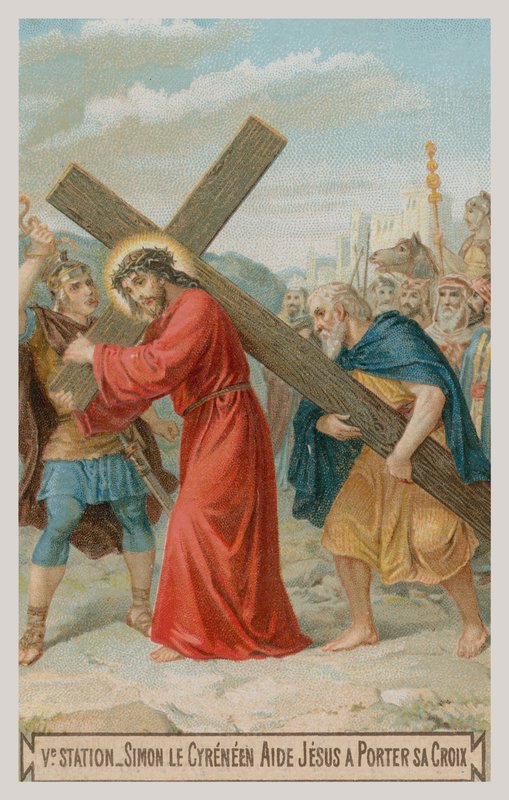 Simão de Cirene ajuda Jesus a carregar a cruz. A quinta estação da cruz de French School