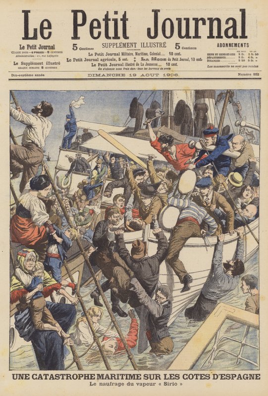 Afundamento do navio mercante Sirio ao largo de Cartagena, Espanha (cor litho) de French School