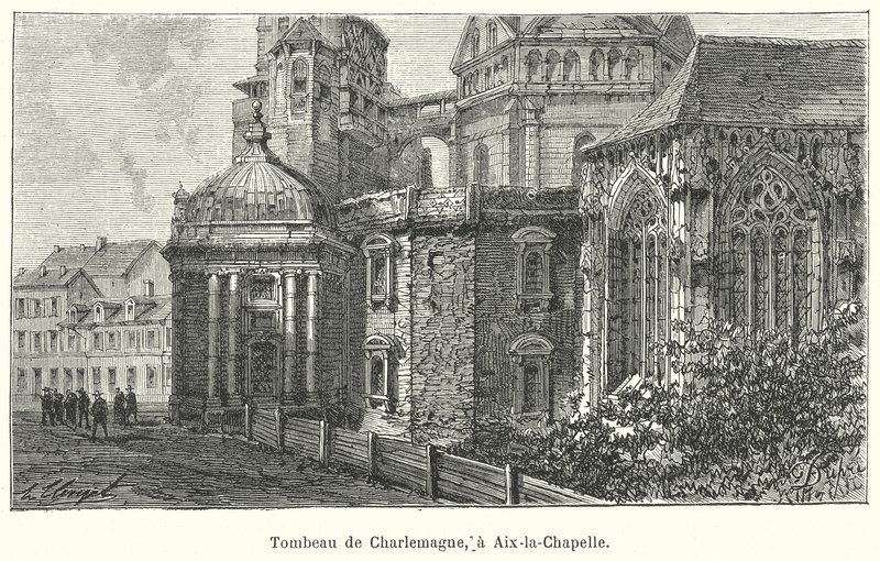 Sítio do túmulo do Imperador Carlos Magno, Catedral de Aachen, Alemanha (gravura) de French School