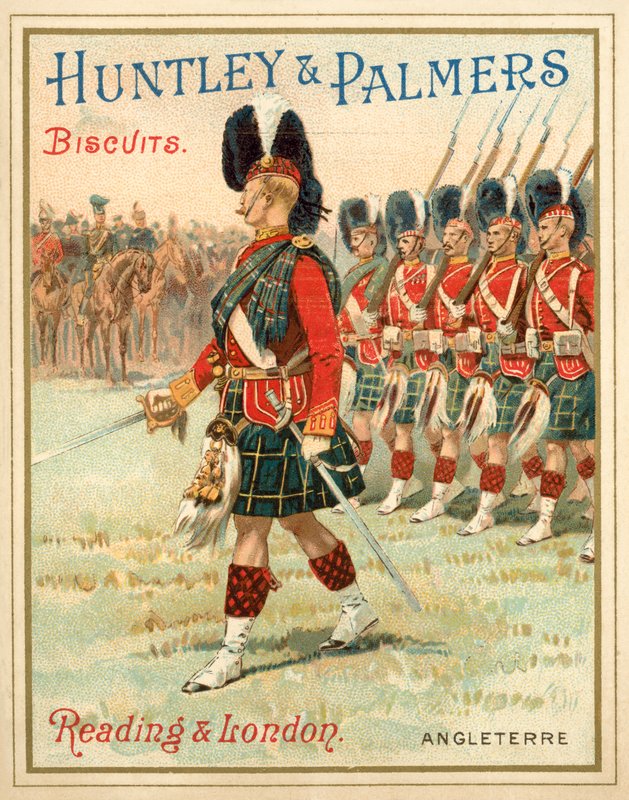 Soldados de um regimento das Highlands em desfile (chromolitho) de French School