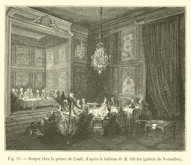 Jantar no Prince de Conti; dapres a pintura de B Olivier, galeria de Versalhes de French School