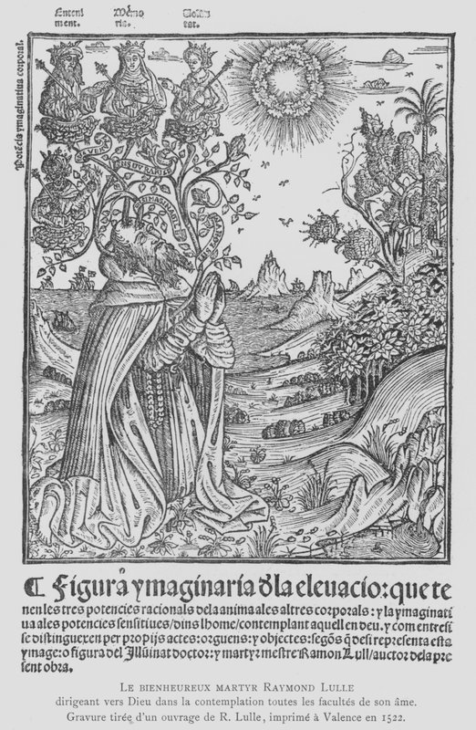 O filósofo espanhol e terciário franciscano Ramon Llull em contemplação, dirigindo todas as faculdades de sua alma a Deus (litho) de French School