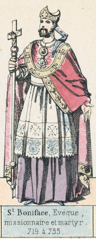São Bonifácio, Bispo, missionário e mártir, 719 a 735 (gravura colorida) de French School