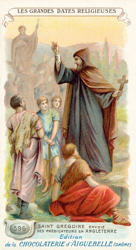 São Gregório envia missionários para Inglaterra, 596 (chromolitho) de French School