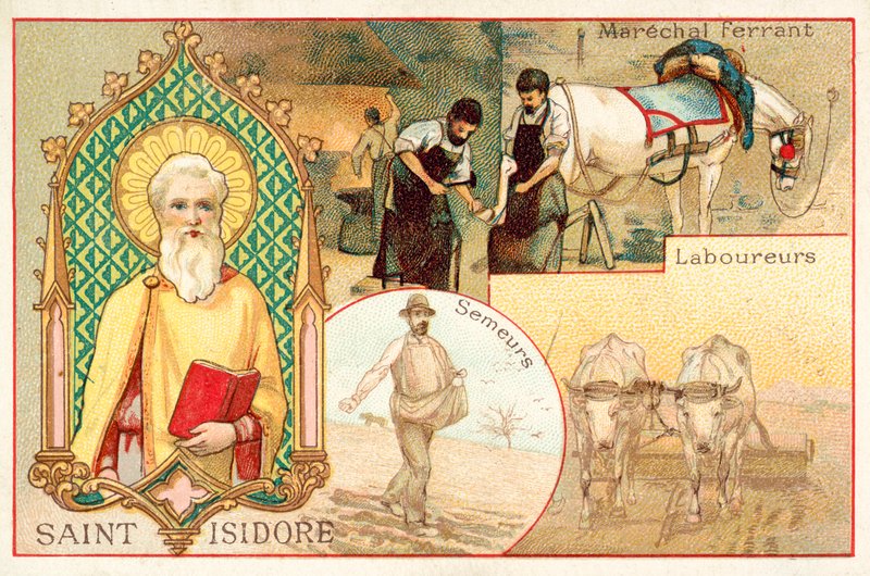 Santo Isidoro, santo padroeiro dos agricultores e dos diaristas (chromolitho) de French School