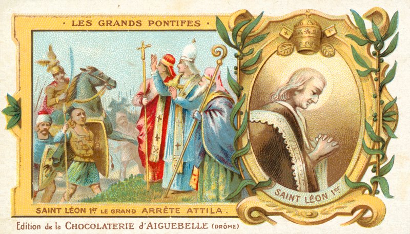 São Leão o Grande pára a conquista da Itália por Átila o Huno, 452 (chromolitho) de French School