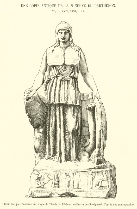 Estátua antiga no templo de Theseus, Atenas (gravura) de French School