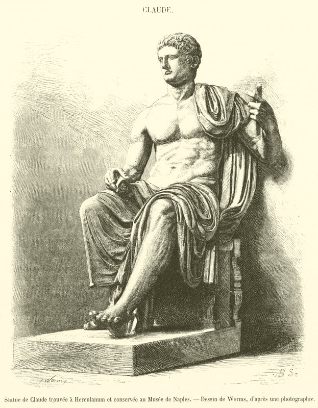 Estátua de Cláudio encontrada em Herculano e guardada no Museu de Nápoles (gravura) de French School