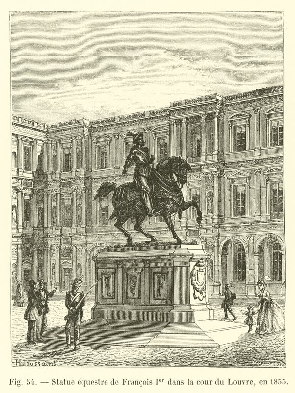 Estátua equestre de François I no pátio do Louvre em 1855 de French School