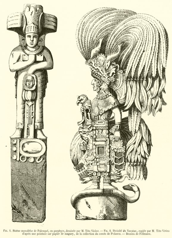 Estátua de pórfiro monolítico de Palenque; Divinita Yucatan (gravura) de French School