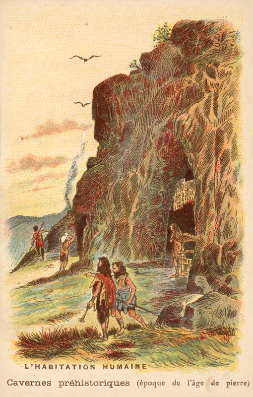Habitantes das cavernas da Idade da Pedra (chromolitho) de French School