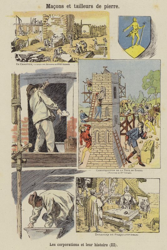 Canteiros e pedreiros (litografia a cores) de French School