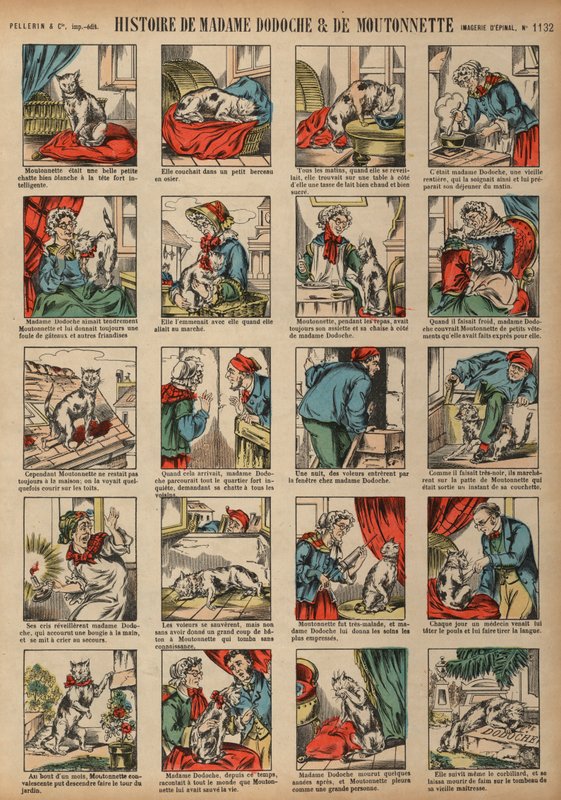 História da Madame Dodoche e do seu gato de estimação Moutonnette (gravura colorida) de French School