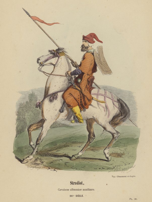 Stradiot, cavalaria auxiliar albanesa, século XVI (gravura a cores) de French School