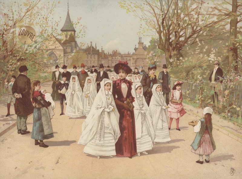 Cena de rua com meninas vestindo vestidos de confirmação de French School