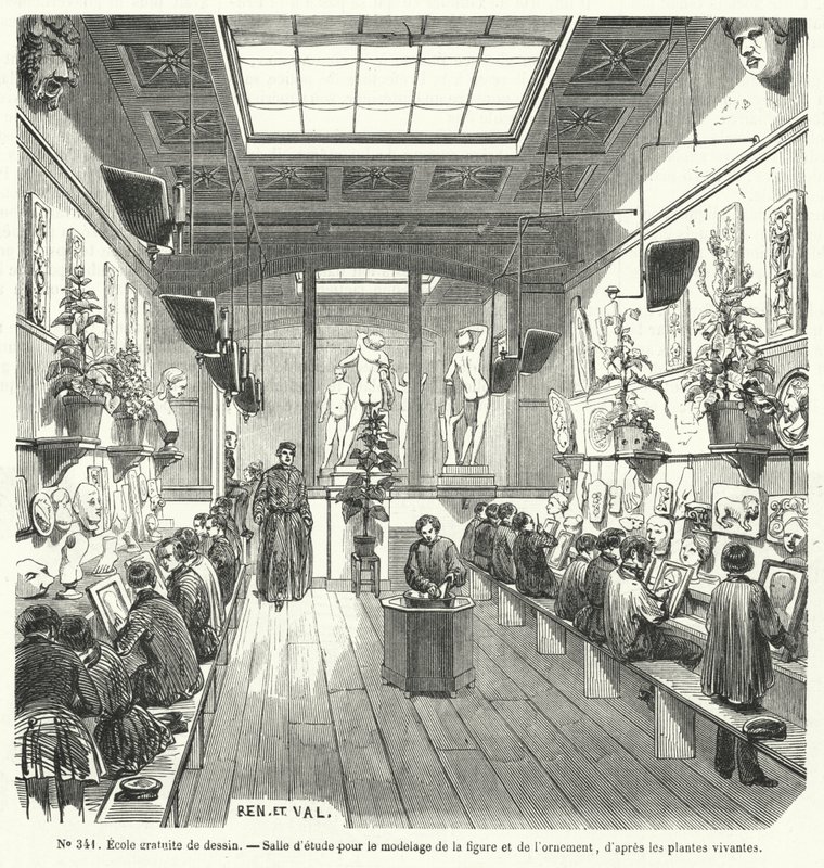 Estudantes de uma turma de uma escola de desenho gratuita, França (gravura) de French School