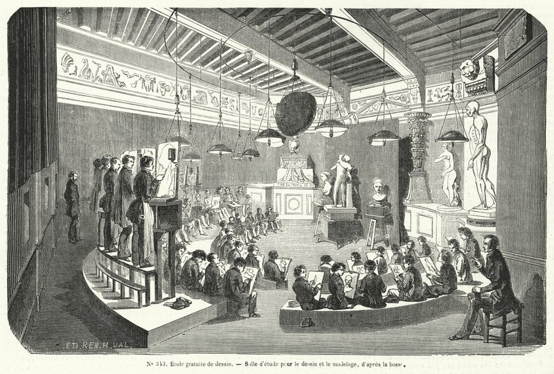 Estudantes de uma turma de uma escola de desenho gratuita, França (gravura) de French School