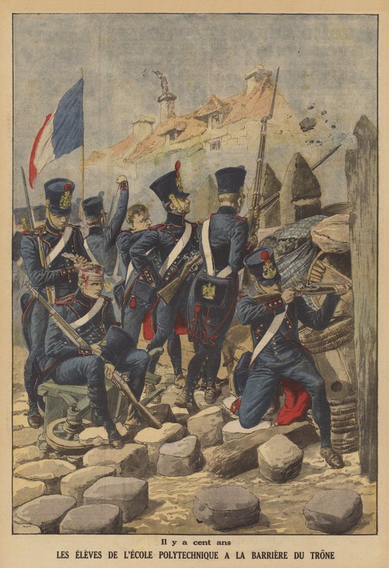 Estudantes da École Polytechnique defendendo a Barriere du Trone, uma das portas de Paris, em 1814 (cor litho) de French School