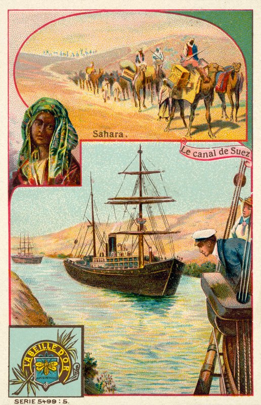 Canal de Suez e Deserto do Saara, Egipto (chromolitho) de French School