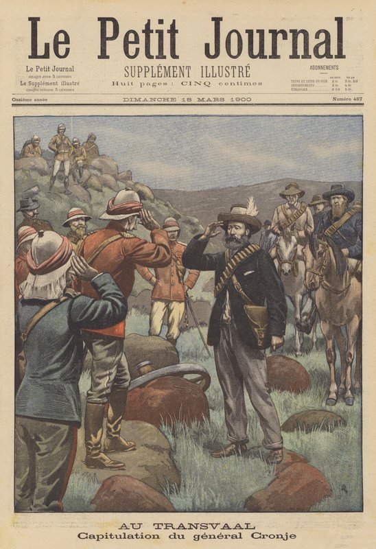 Rendição do General Cronje aos britânicos após a Batalha de Paardeberg (cor litho) de French School