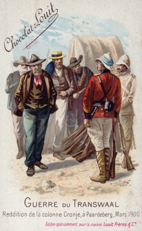 Rendição da coluna de Piet Cronje aos britânicos, Paardeberg, Março de 1900 (chromolitho) de French School