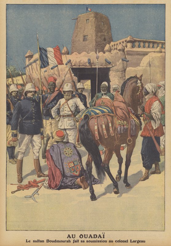 Rendição do sultão Wadai Doudmourrah às tropas francesas comandadas pelo Coronel Largeau (cor litho) de French School