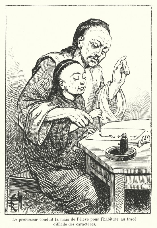 Professor a orientar a mão de um aluno que aprende a escrever caracteres chineses (gravura) de French School