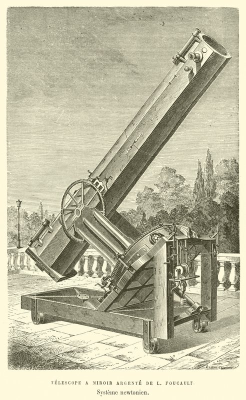 Telescópio com espelho de prata por L Foucault, Newtonian System (gravura) de French School