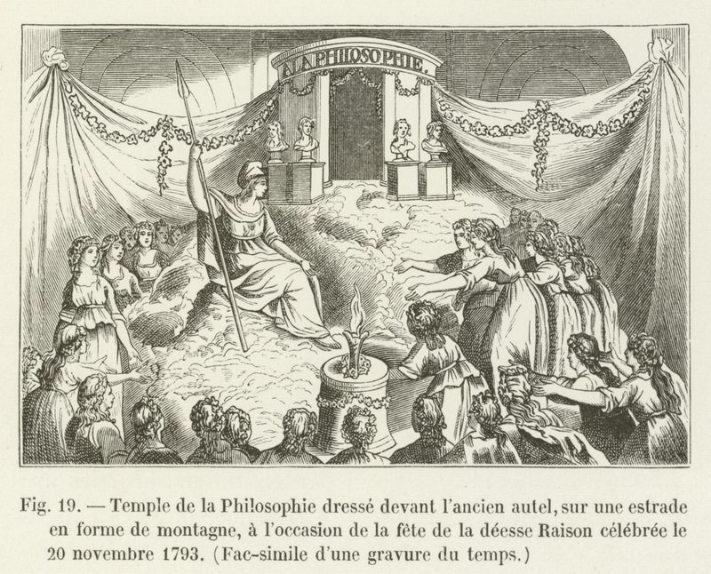 Templo da Filosofia dresse devant lancien autel, o sul é uma estrada de montanha, por ocasião da celebração da deidade de Raison celebrada em 20 de novembro de 1793, fac-símile duna gravure du temps (e de French School