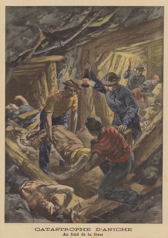 O desastre da mina de carvão de Aniche, França (cor litho) de French School
