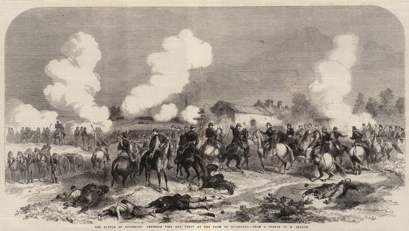 A Batalha de Solferino, Generals Niel e Vinoy na Fazenda de Quagliara (gravura) de French School