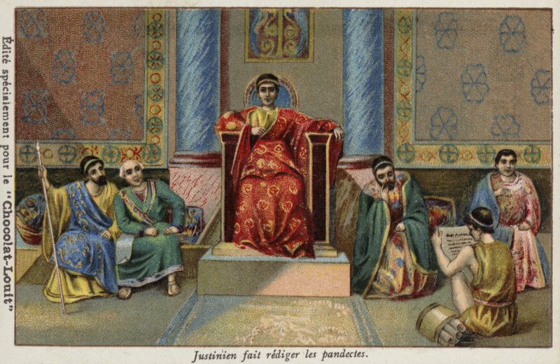 O Imperador Bizantino Justiniano Ditando os Pandectos, Século VI de French School