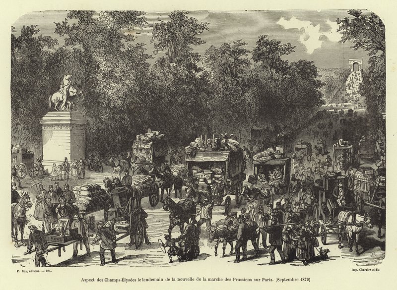 Os Champs Elysees, no dia seguinte ao recebimento da notícia da marcha da Prússia em Paris, em setembro de 1870 de French School