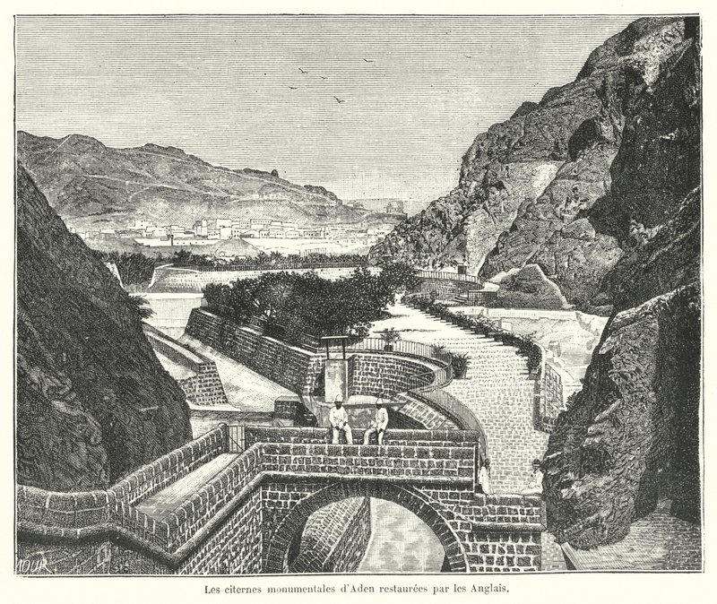 Os Cisternas de Tawila, Aden, restaurados pelos ingleses (gravura) de French School