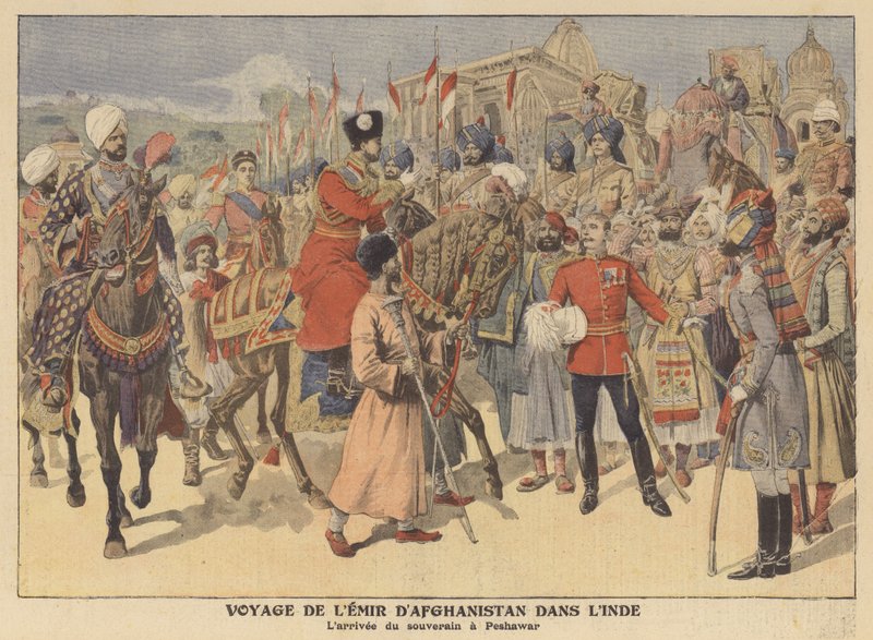 O emir do Afeganistão chega a Peshawar numa visita à Índia (litografia a cores) de French School