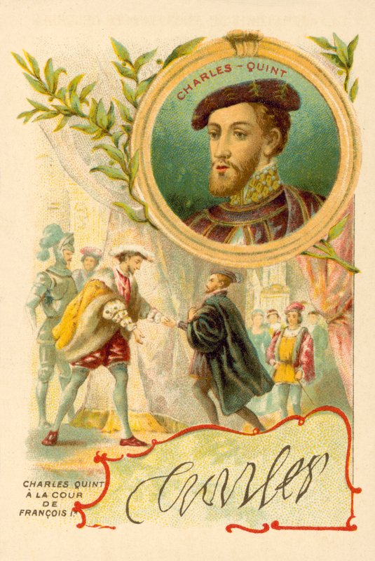 O Imperador Carlos V na corte de Francisco I da França (chromolitho) de French School