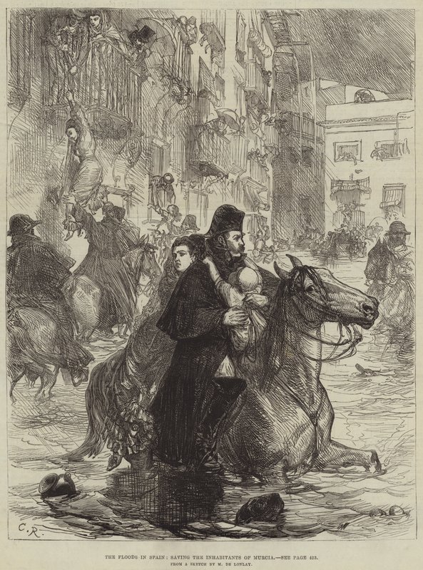 As inundações em Espanha, salvando os habitantes de Murcia (gravura) de French School
