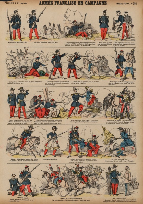 O exército francês no campo (gravura colorida) de French School