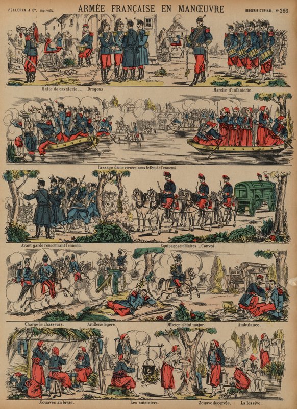 O Exército Francês em manobras (gravura colorida) de French School