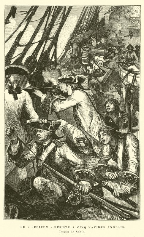O navio de guerra francês Serieux resistindo a um ataque de cinco navios britânicos de French School