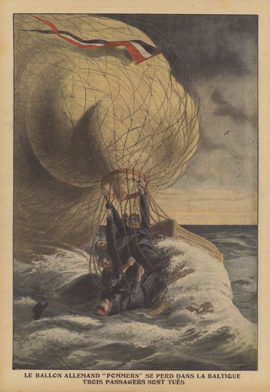 O balão alemão Pommern a cair no Báltico (cor litho) de French School