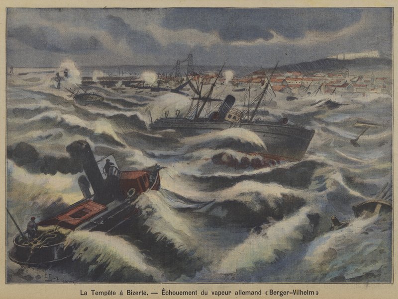 O navio a vapor alemão Berger-Wilhelm encalha numa tempestade ao largo de Bizerte, Tunísia (cor litho) de French School
