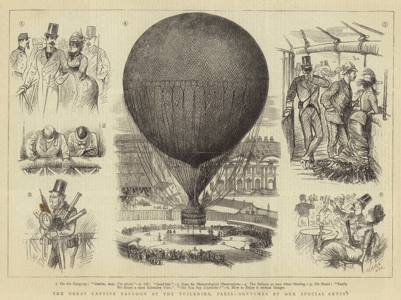 O Grande Balão Cativo nas Tuileries, Paris (gravura) de French School