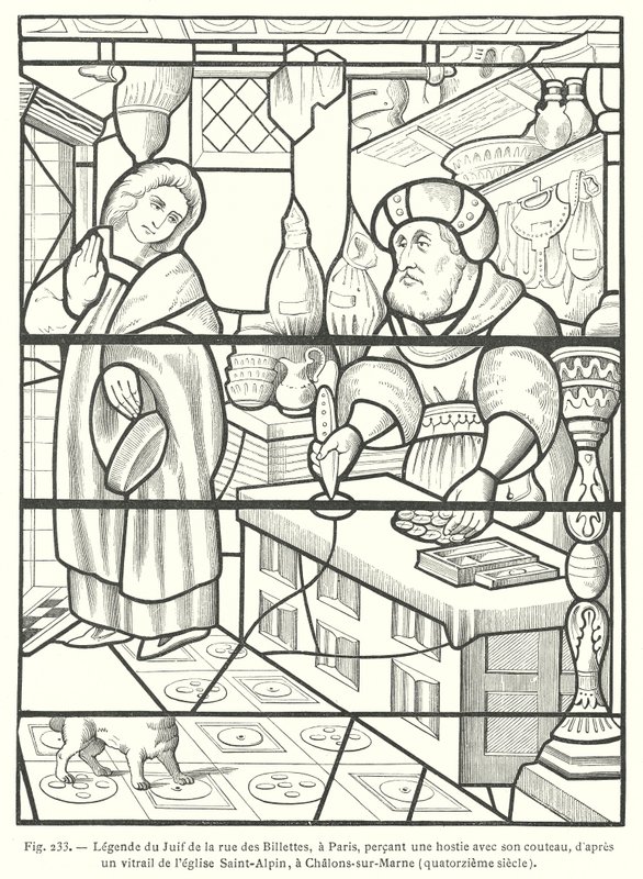 O judeu da Rue des Billettes, Paris, profanando a Hóstia perfurando-a com a sua faca, depois de um vitral do século XIV na Igreja de Saint-Alpin, Chalons-sur-Marne, França (gravura) de French School