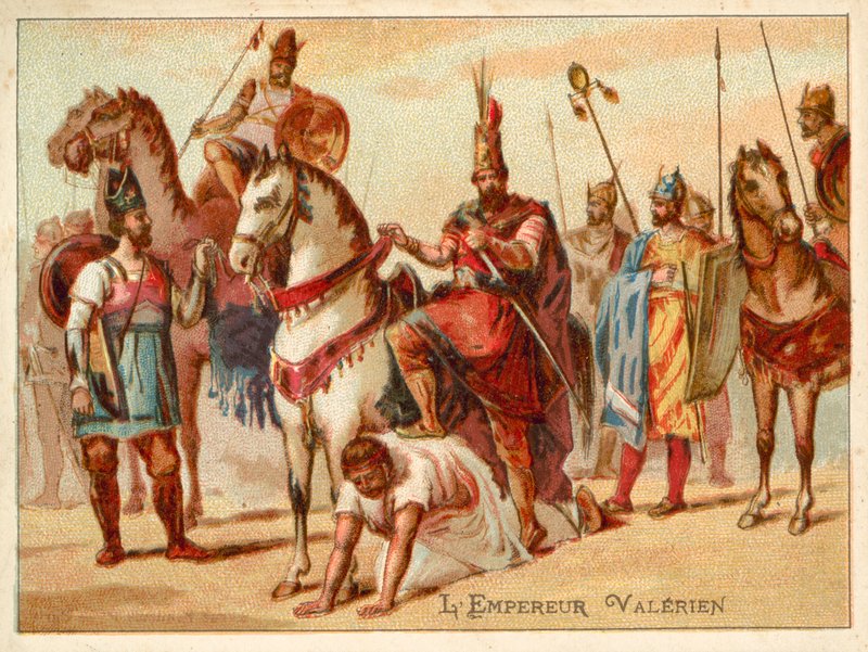 O Rei Persa Shapur I usando o Imperador Romano Valeriano capturado como escabelo, c260 (chromolitho) de French School