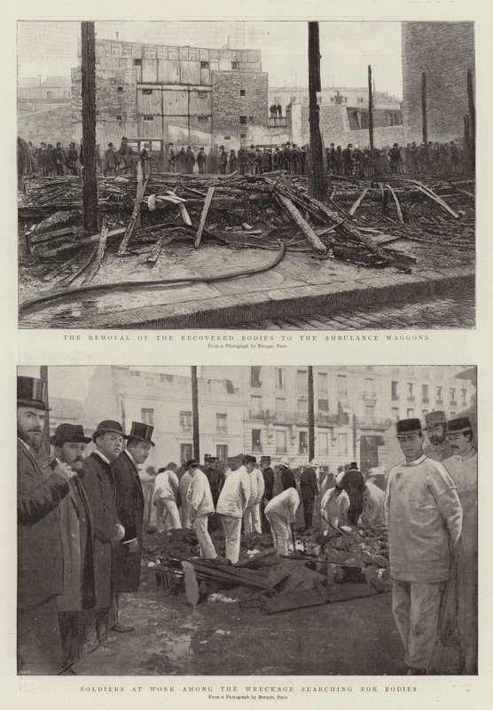 A remoção dos corpos recuperados para os vagões de ambulância, Soldados em Trabalho entre os destroços em busca de corpos (gravura) de French School