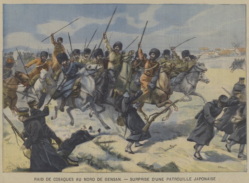 A Guerra Russo-Japonesa: Cossacos surpreendem uma patrulha japonesa numa incursão ao norte de Gensan, Coreia (cor litho) de French School