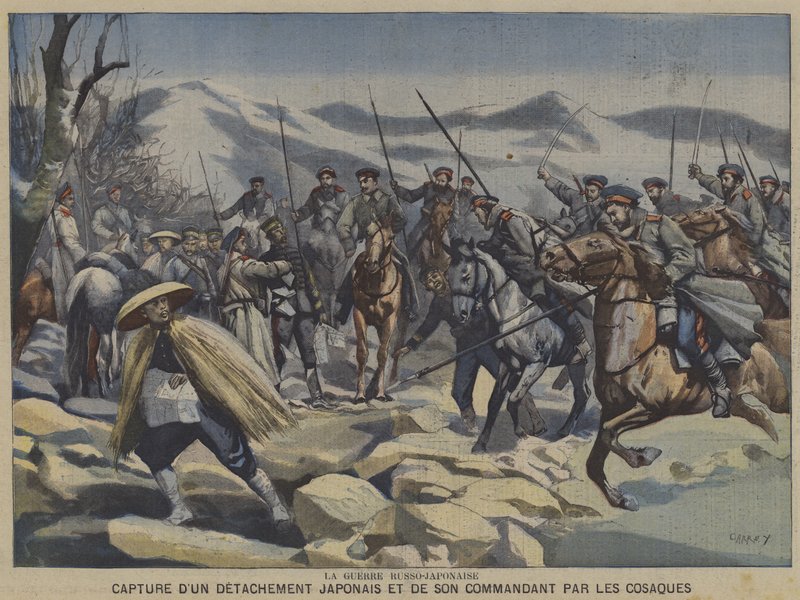 A Guerra Russo-Japonesa: um destacamento japonês e seu comandante capturado por cossacos (cor litho) de French School