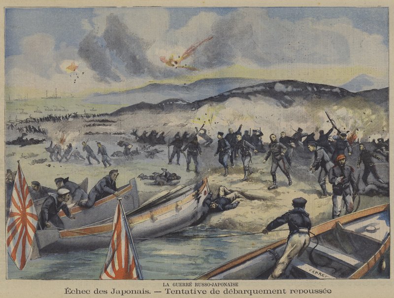 A Guerra Russo-Japonesa: uma tentativa de desembarque das tropas japonesas é repelida (cor litho) de French School