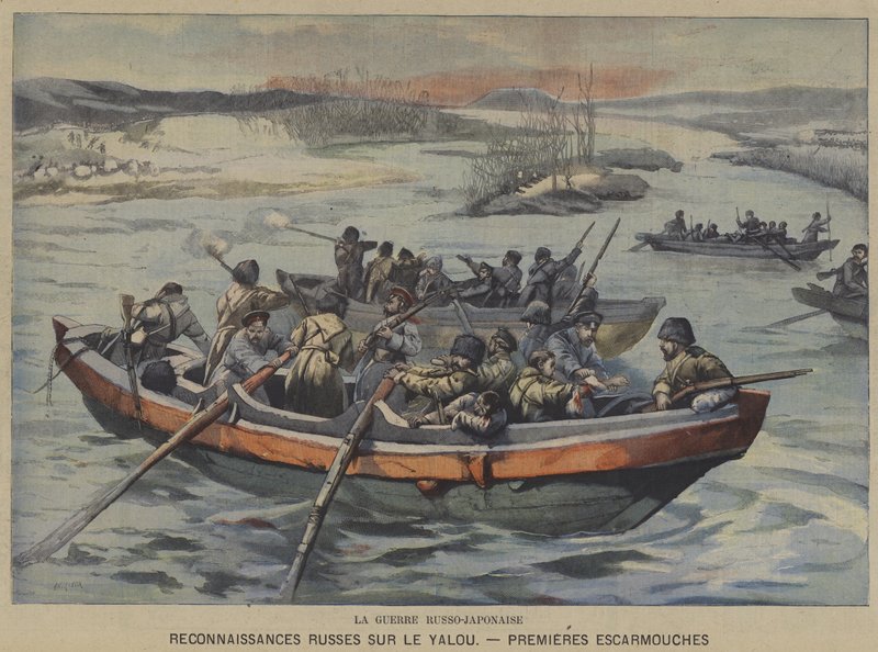 A Guerra Russo-Japonesa: primeiras escaramuças durante o reconhecimento russo no rio Yalu (cor litho) de French School